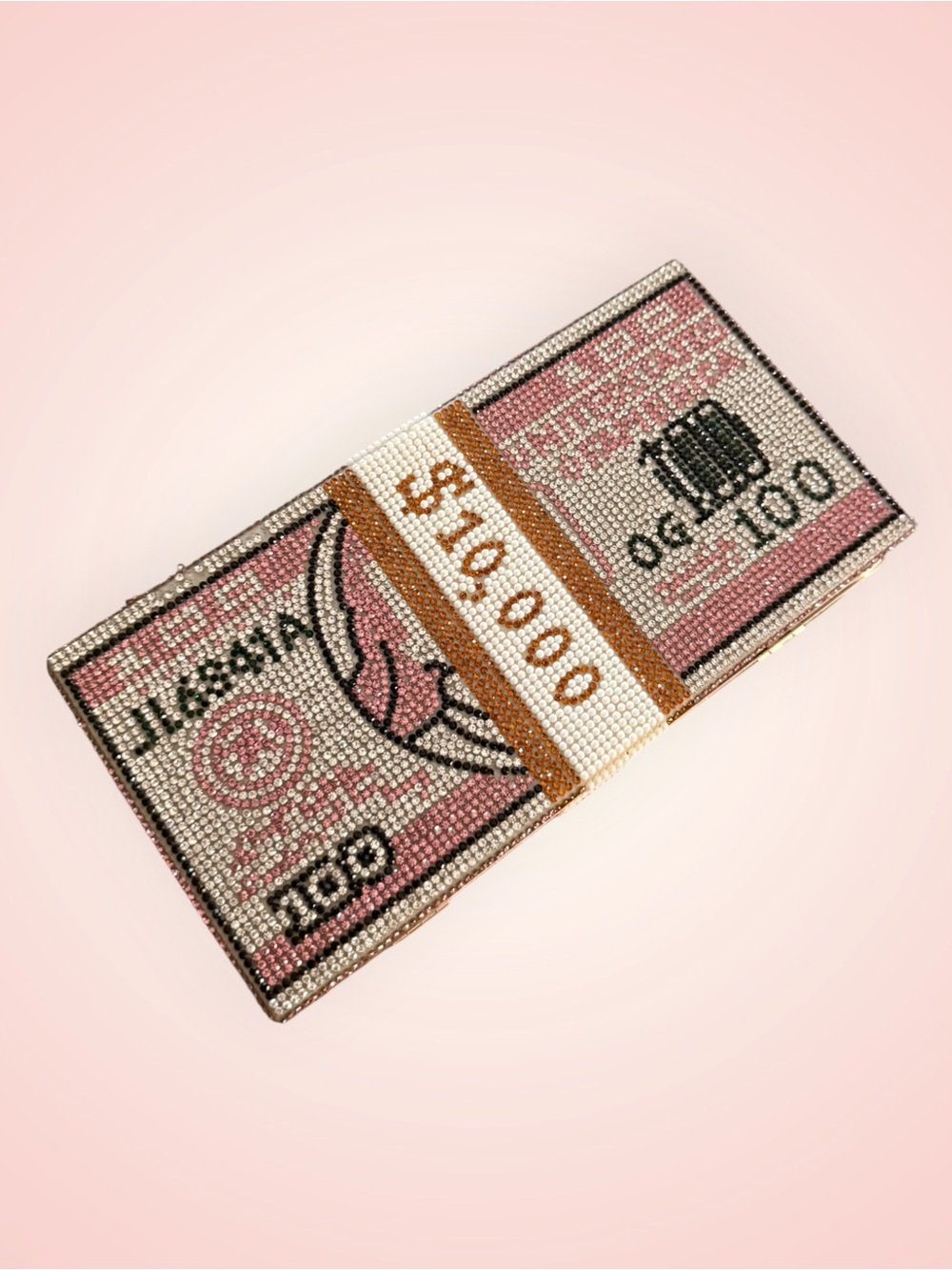 Crystal-Embellished Pink Novelty Money Stack Clutch
